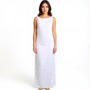 Denial Maxi Dress Women's Sz L White Stretch Knit Butterfly Mesh Lace Sleeveless